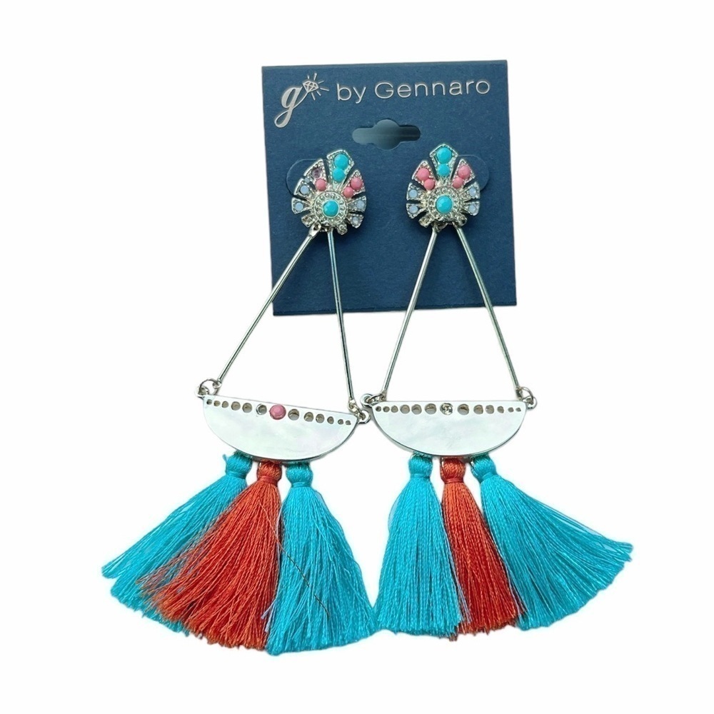Gennaro blue and coral orange beaded dangle trapeze earrings with tassel fringe